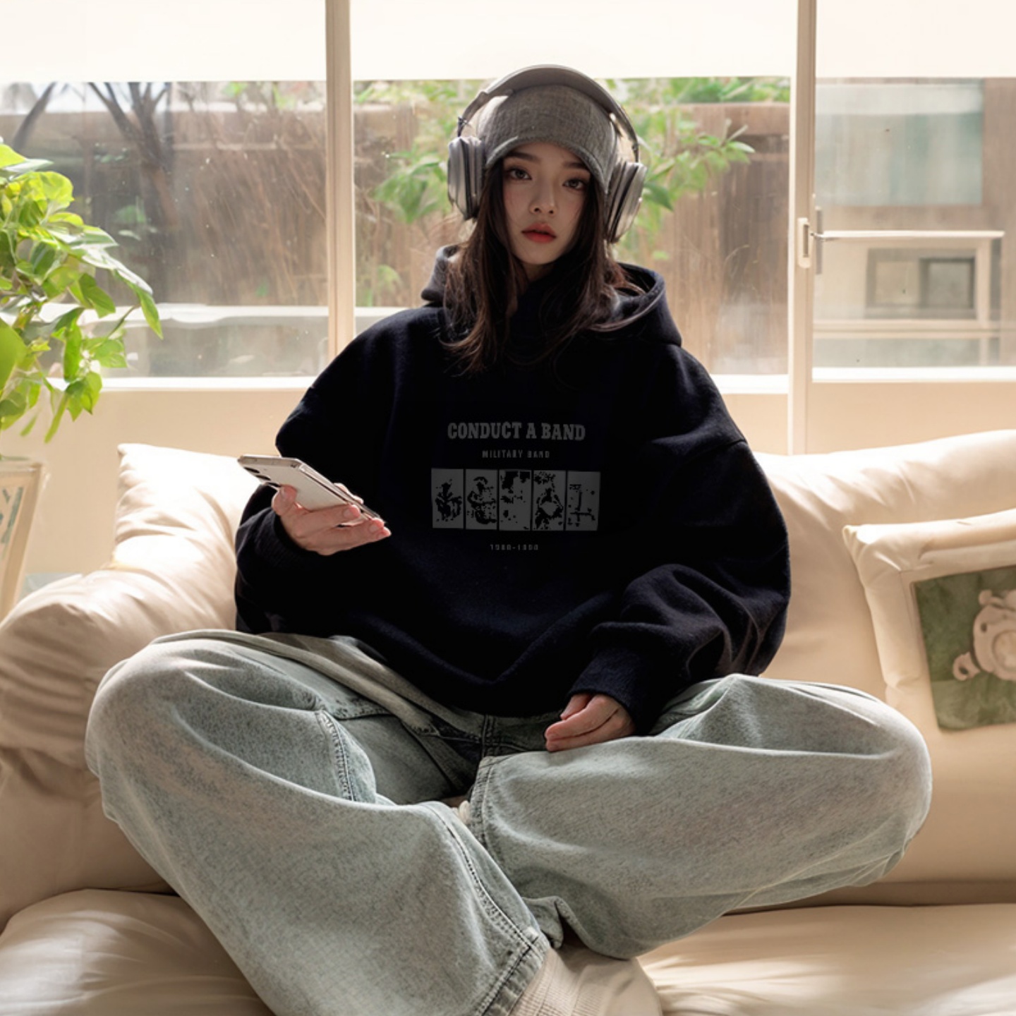 加绒连帽重磅卫衣冬季2025新款爆款黑色美式慵懒chic加厚女士上衣