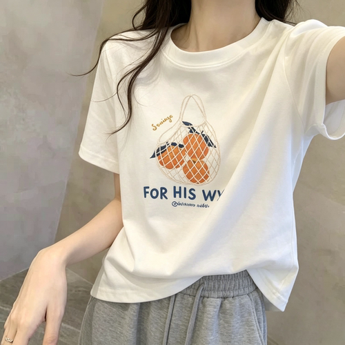 韩系短袖t恤女白色夏季2026新款印花圆领宽松百搭显瘦常规款上衣