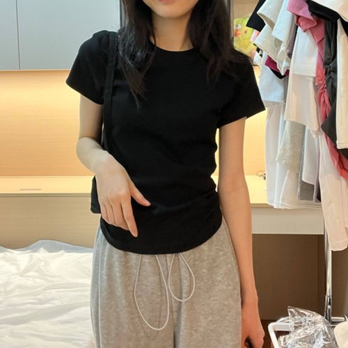 棉质正肩短袖t恤女2026新款休闲百搭上衣黑色显瘦基础款打底衫ins