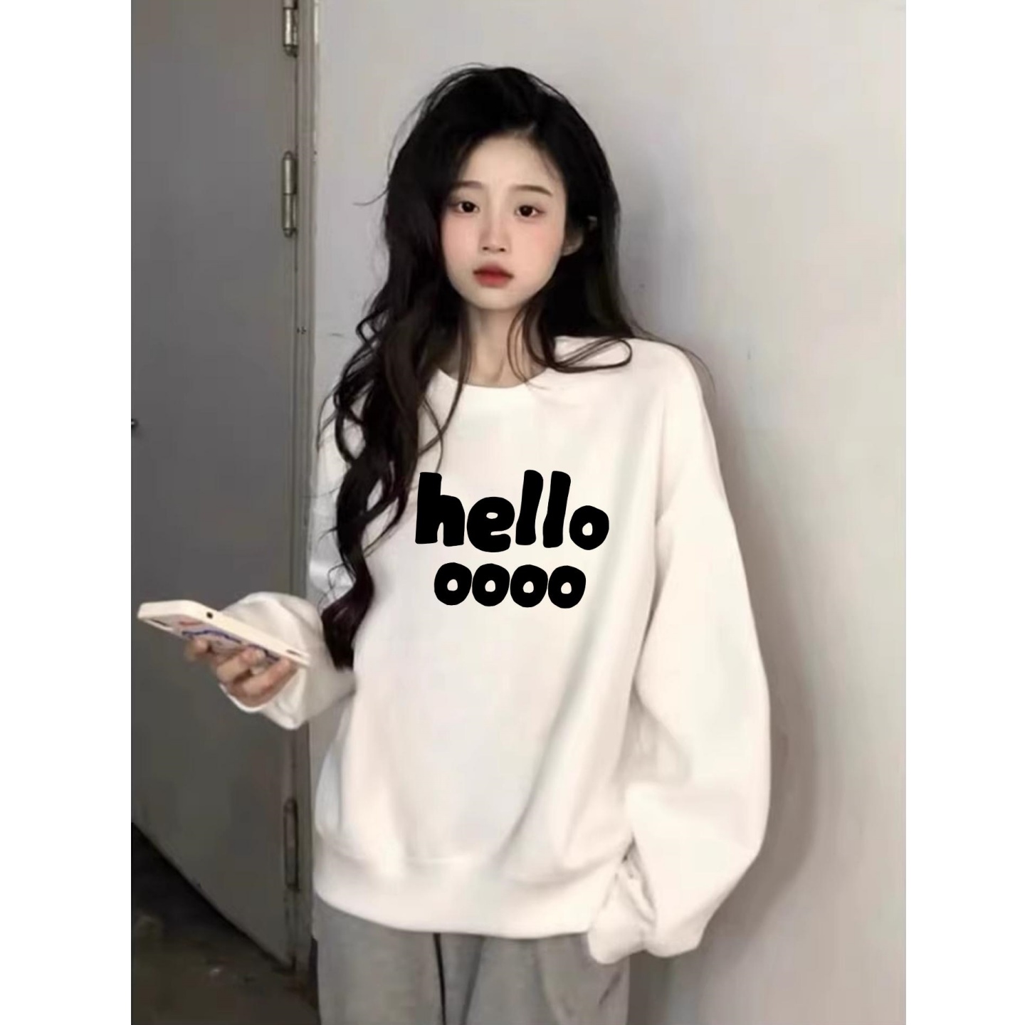 白色卫衣女宽松慵懒风2025新款长袖无帽秋冬穿搭加绒加厚上衣圆领