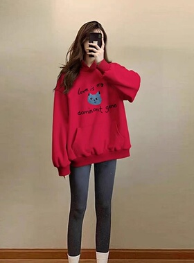 本命年红色连帽卫衣女加绒加厚2025新款秋冬宽松大码保暖中长上衣