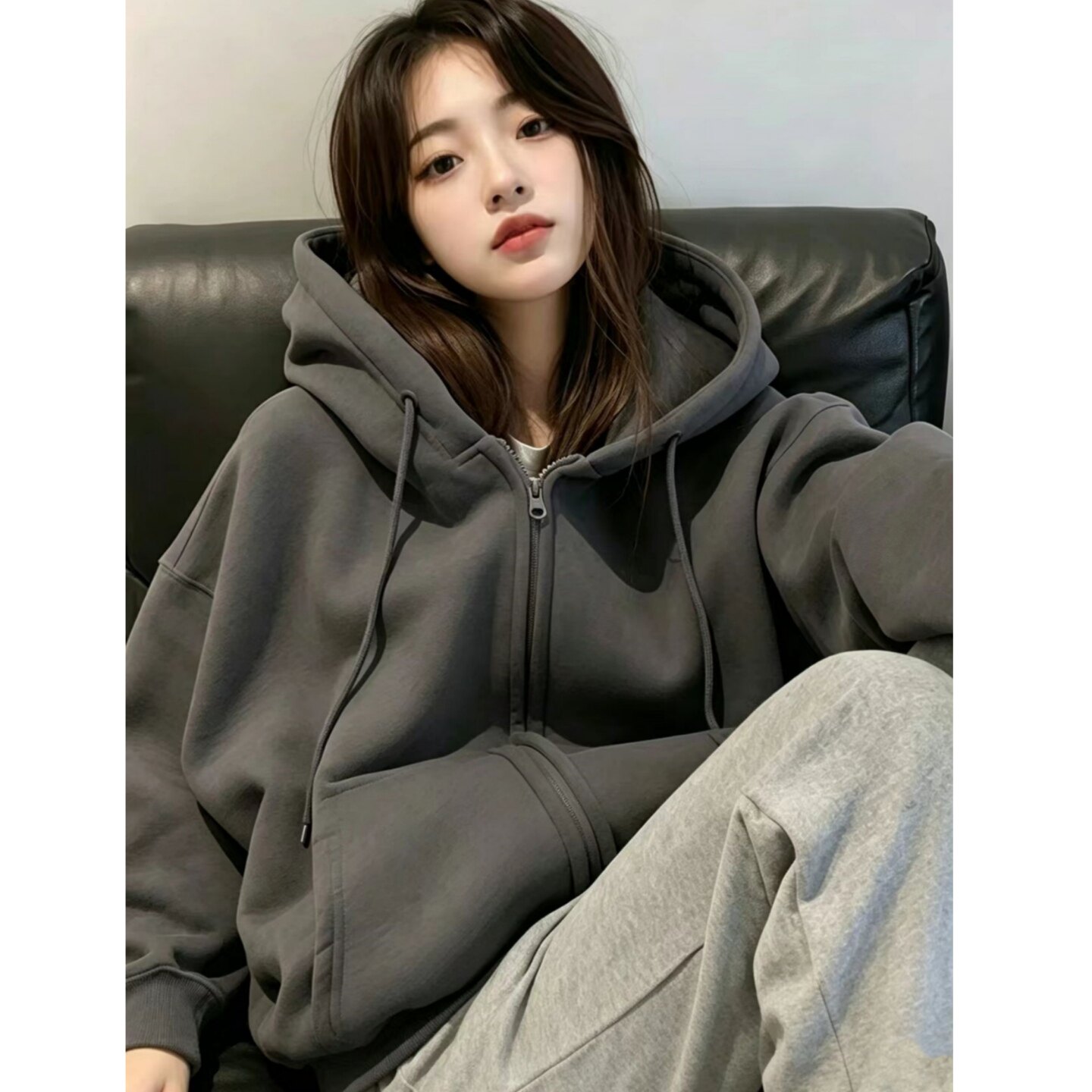 韩版慵懒风连帽卫衣女2026早秋季宽松拉链开衫加厚灰色中长款外套
