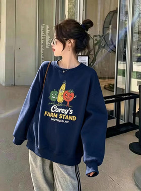 藏蓝卡通圆领宽松卫衣女秋冬