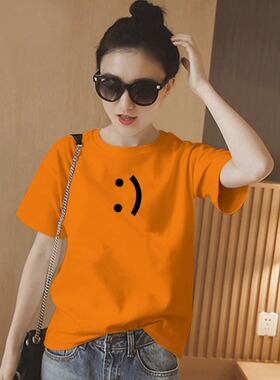 2025夏季新款印花t恤女宽松休闲设计感小众橙色短袖体恤纯棉上衣