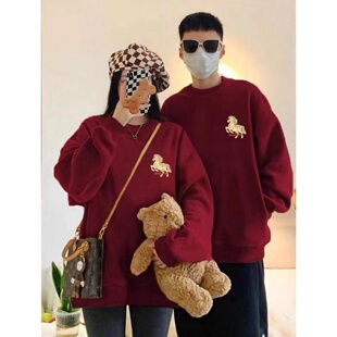 2026马年马到成功酒红色圆领卫衣男女同款情侣本命年生肖过年上衣