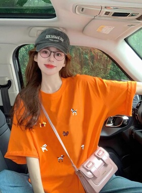欧货大码橙色短袖t恤女2025新款夏季美式复古设计感印花洋气上衣