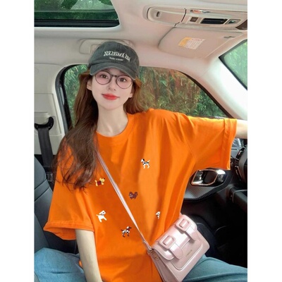 欧货大码橙色短袖t恤女2026新款夏季美式复古设计感印花洋气上衣