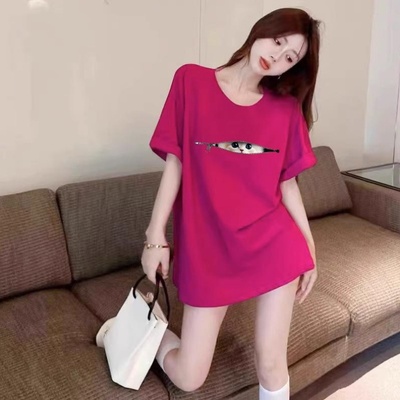美式复古玫红色拉链猫咪印花短袖T恤女2025夏季高级感别致上衣ins