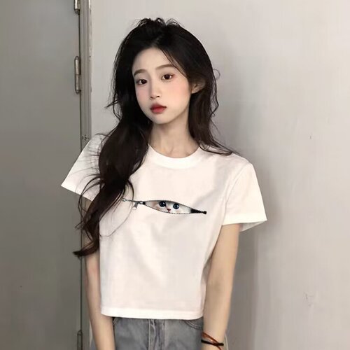 趣味可爱猫咪印花白色短款T恤女