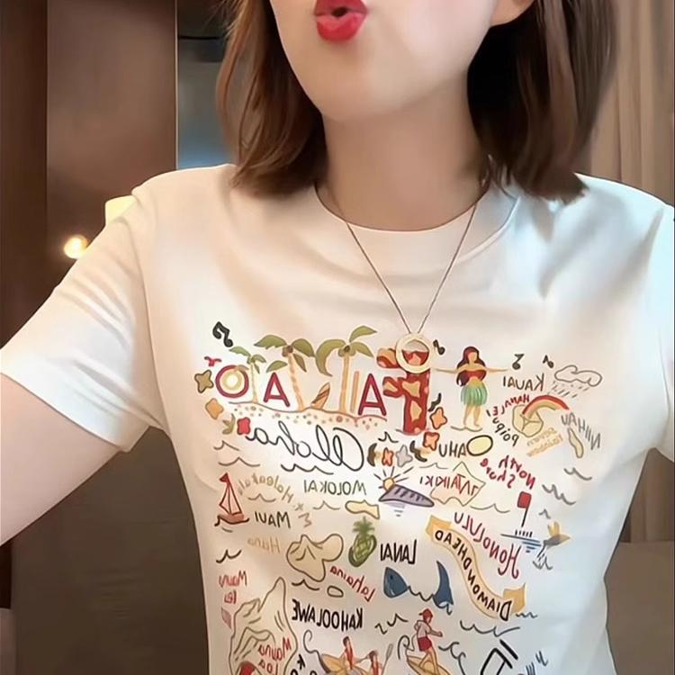 素手挽歌彩色印花白色短袖T恤