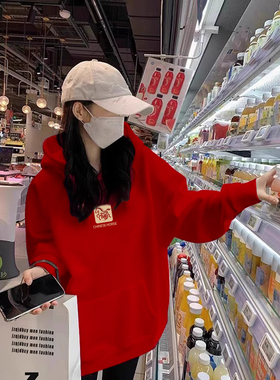 红色连帽卫衣女2025冬季保暖新款卡通印花宽松大码本命年加绒外套