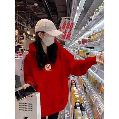 红色连帽卫衣女2025冬季保暖新款卡通印花宽松大码本命年加绒外套