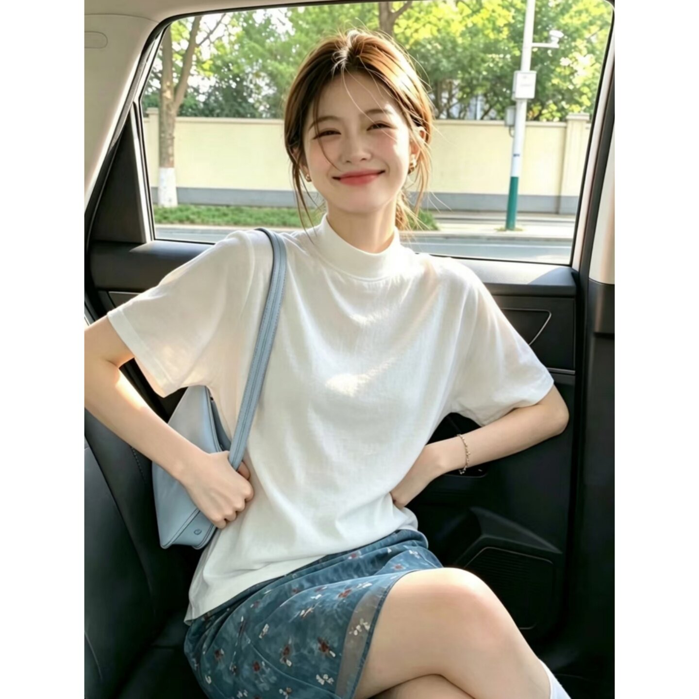 2026新款半高领白色短袖t恤女宽松显瘦早秋季打底衫通勤穿搭上衣图片