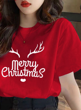Merry Christmas圣诞节红色短袖t恤女2025简约字母卡通印花上衣潮