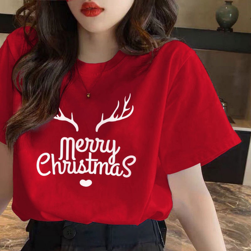 Merry Christmas圣诞节红色短袖t恤女2025简约字母卡通印花上衣潮