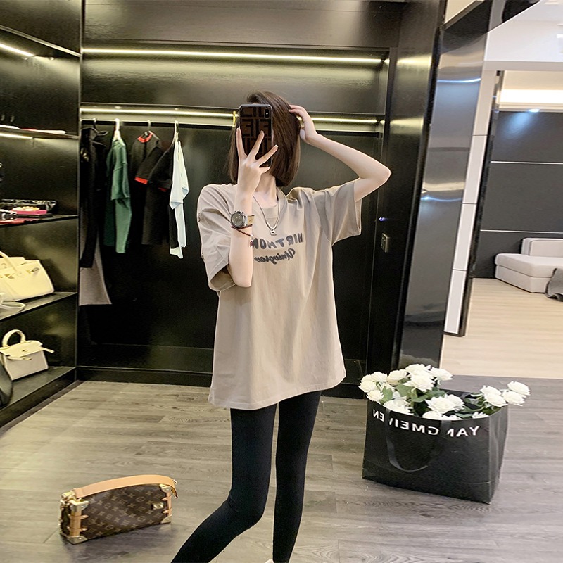 2025年夏季宽松纯棉短袖网红款T恤女装字母印花中长款圆领打底衫
