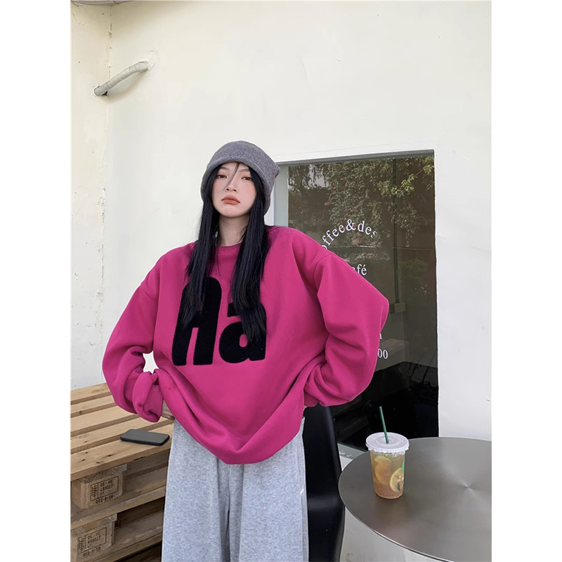 素手挽歌加厚宽松棉玫红色卫衣女