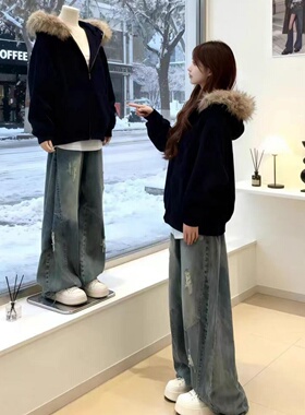 美式黑色毛领加绒卫衣女2026新款宽松连帽拉链开衫加厚秋冬季外套