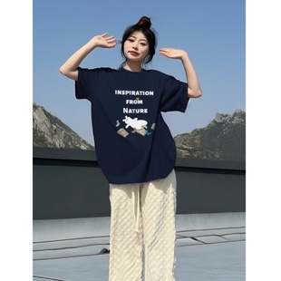 宽松韩版 藏蓝色短袖 纯棉百搭半袖 t恤女夏季 慵懒风上衣潮 2025新款