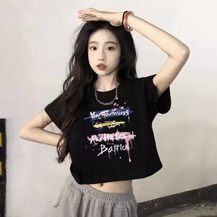露脐辣妹休闲洋气印花高腰上衣黑 短款 纯棉短袖 t恤女2025夏季 新款