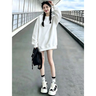 中长款白色圆领卫衣女2026新款爆款宽松设计感韩系上衣秋冬季加绒