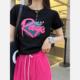 玫红R字母短袖 T恤女2025新款 夏季 短款 黑色圆领显瘦甜酷修身 上衣