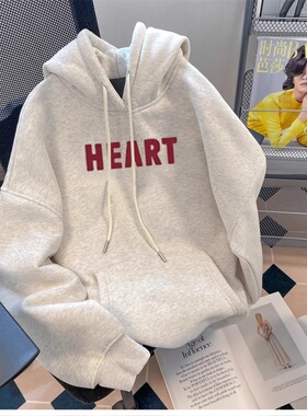 花灰色连帽卫衣秋装女装慵懒风宽松加绒加厚小个子带帽套头上衣冬