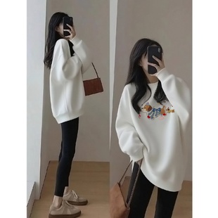 中长款白色加绒圆领卫衣女秋冬季新款大码宽松遮屁股卡通小狗上衣