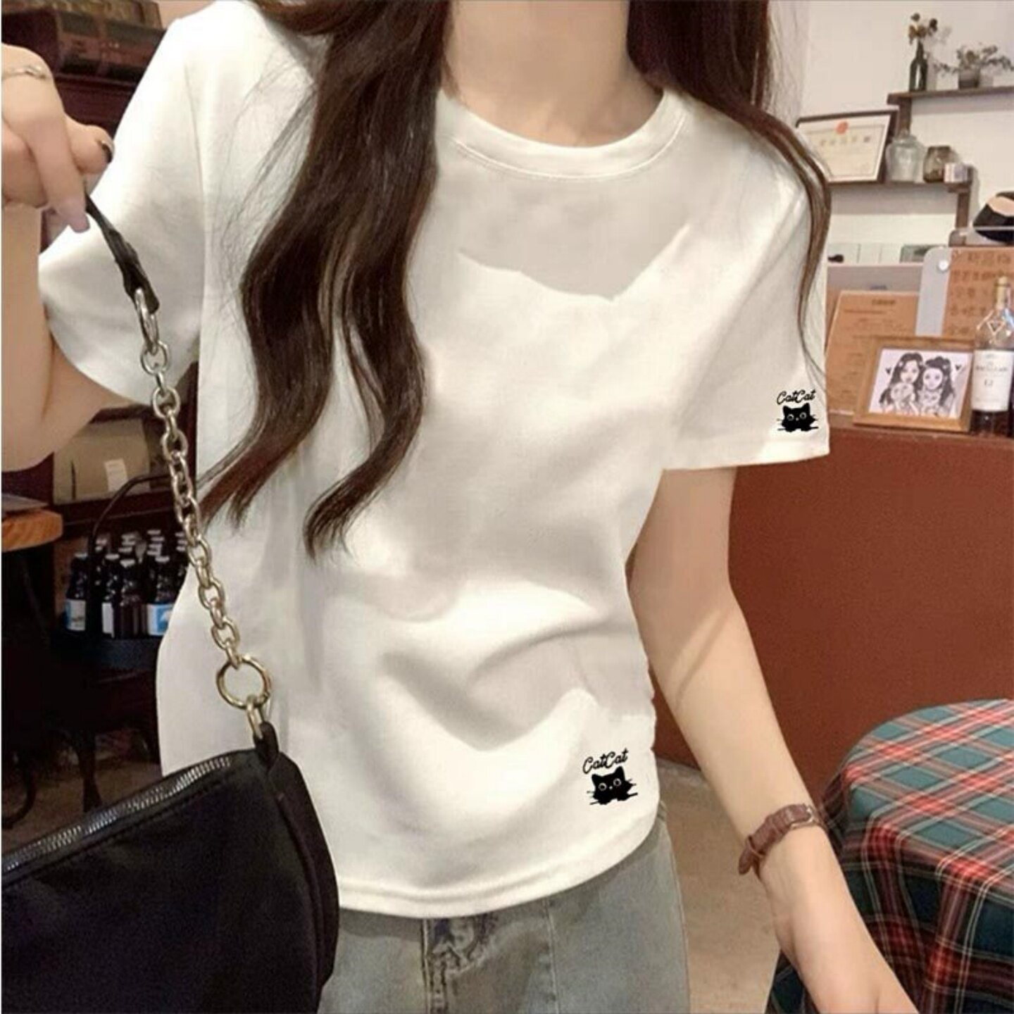 韩系白色圆领短袖t恤女2026新款夏季卡通小猫印花百搭正肩上衣ins