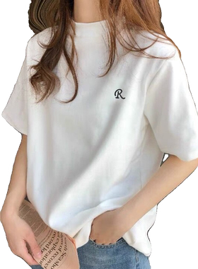 短袖T恤女白色宽松欧货2026半高领印花上衣遮肚子内搭大码半高领