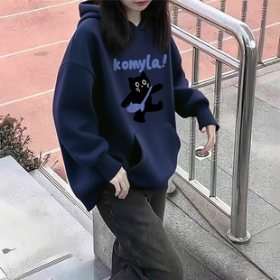 大码美式藏蓝色连帽卫衣女款2026新款爆款秋冬季加绒加厚宽松上衣