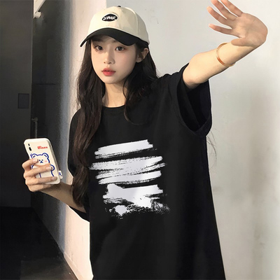黑色短袖t恤女2025新款纯棉半袖百搭宽松韩版慵懒风小众别致上衣