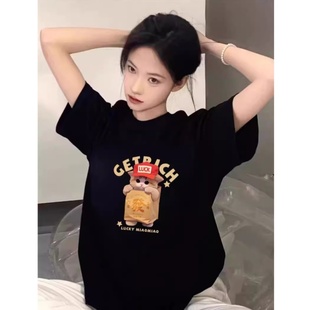 上衣高级感慵懒风ins 黑色纯棉宽松t恤短袖 女2025新款 夏季 圆领美式