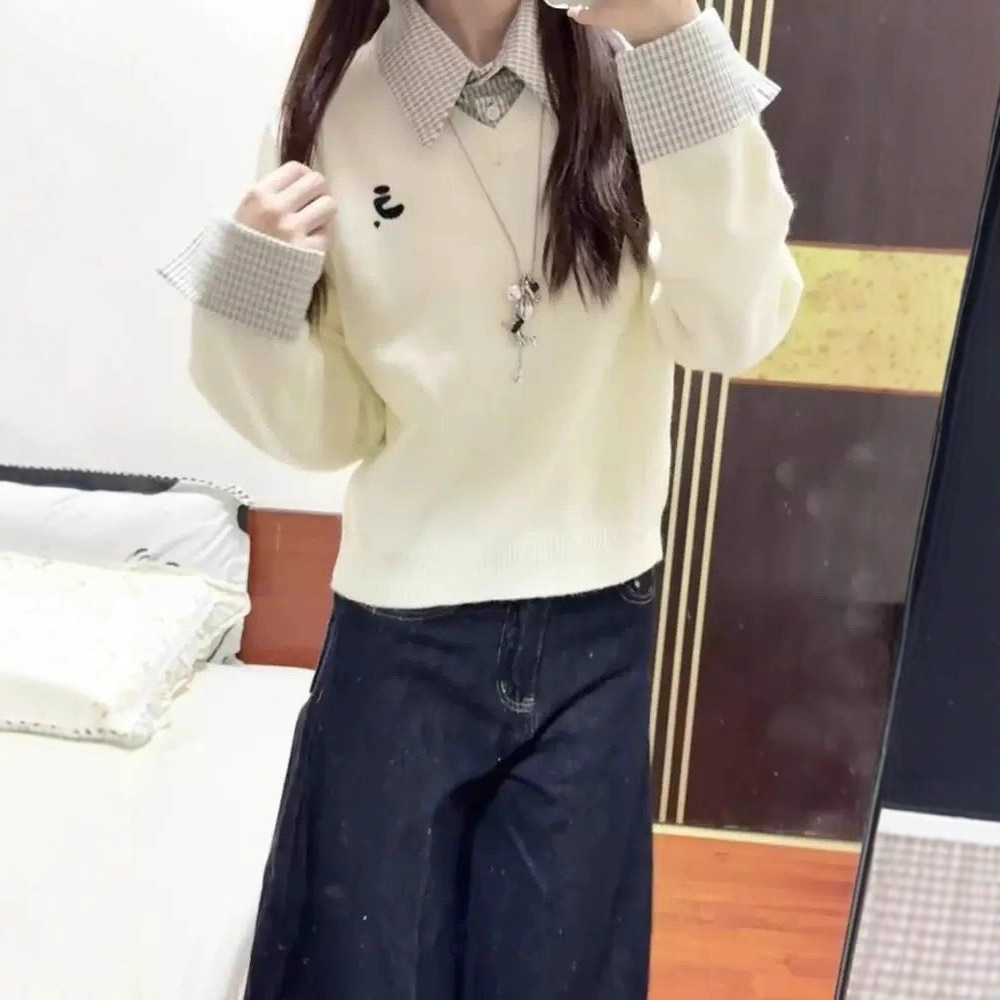 学院风白色Polo领格子拼接毛衣女2025秋大码宽松休闲假两件,女装针织衫/毛衣,岚润乐美服饰 学院风白色Polo领格子拼接毛衣女2025秋大码宽松休闲假两件,女装针织衫/毛衣,岚润乐美服饰