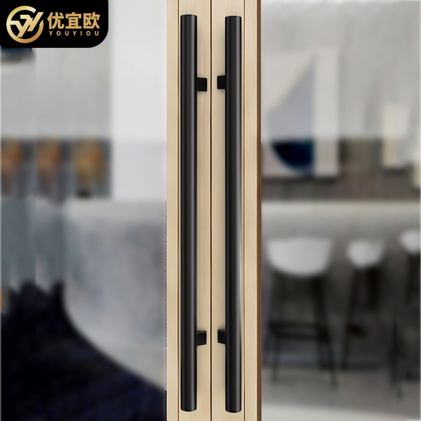 现代极简玻璃门拉手304不锈钢门把手高级哑黑酒店实木双开门手柄