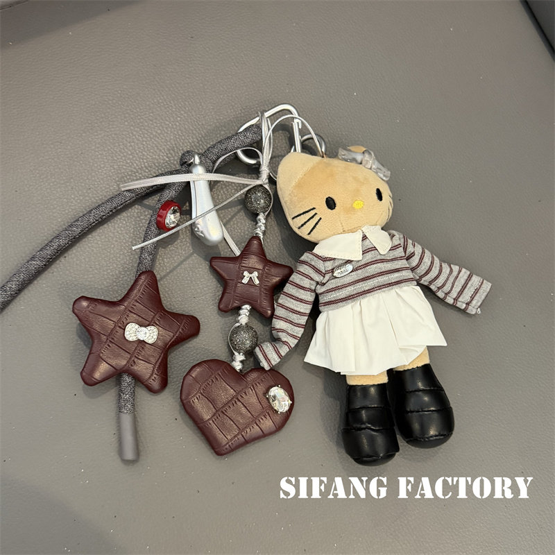 条纹长袖小猫裙子车钥匙扣链条包包挂件耳机套挂绳五角星棕立体