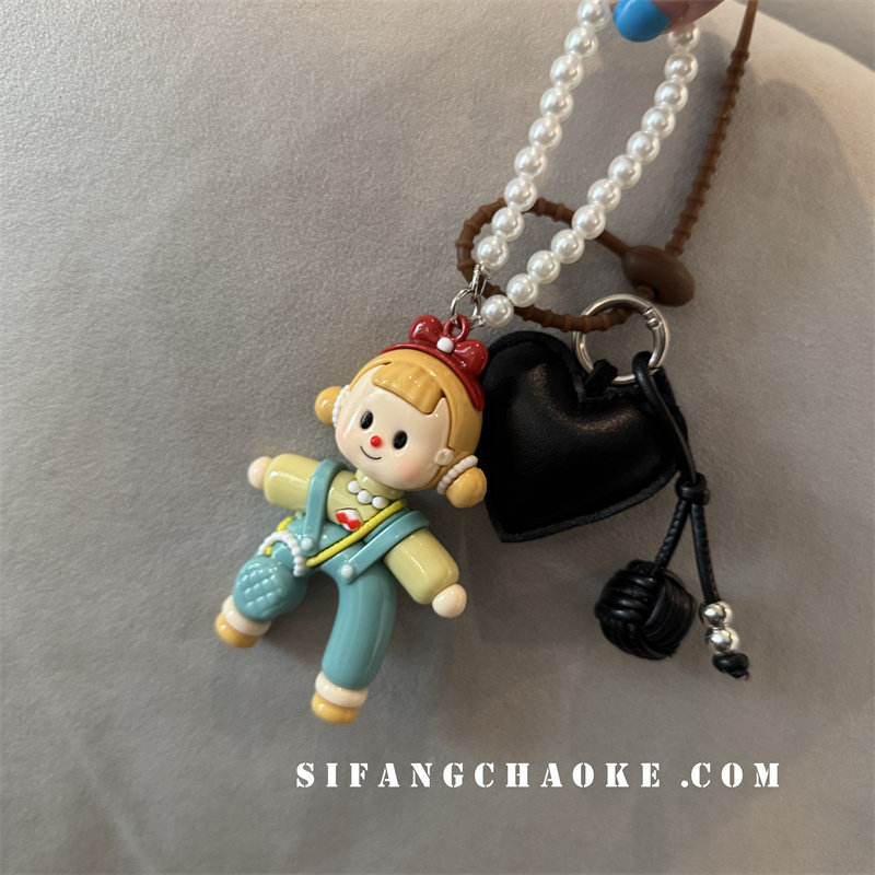 劈叉咖啡爱心米白色红帽子车钥匙扣手机壳挂件书包电动车钥匙圈