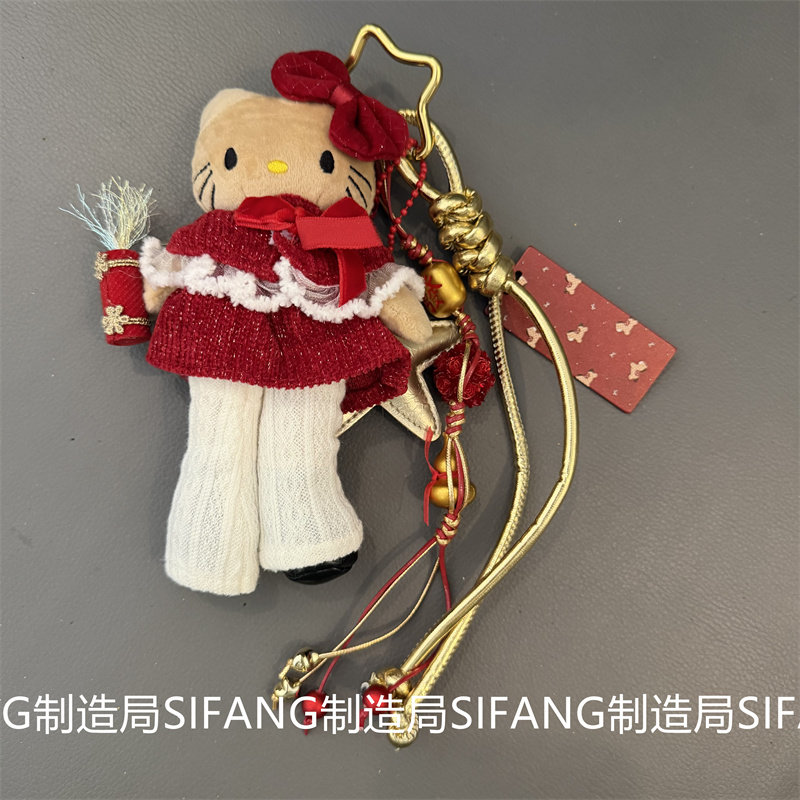 新年款烟花卡通喜气小猫蝴蝶结包包挂件书包挂饰车钥匙扣链条