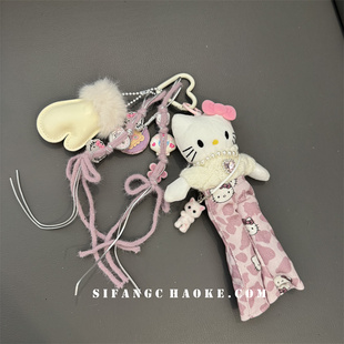 豹纹粉色卡通蝴蝶结初秋手套毛绒车钥匙扣链条手机壳包包挂饰