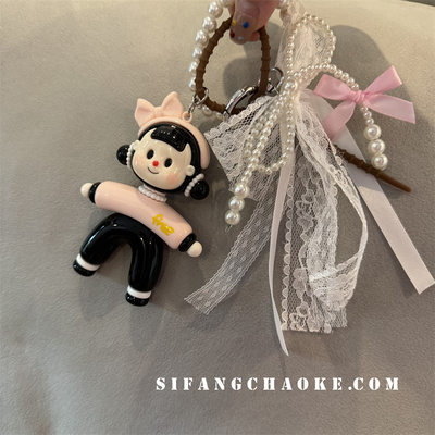 粉色蝴蝶结珍珠挂件丝带劈叉多美书包包包扣子耳机套挂件