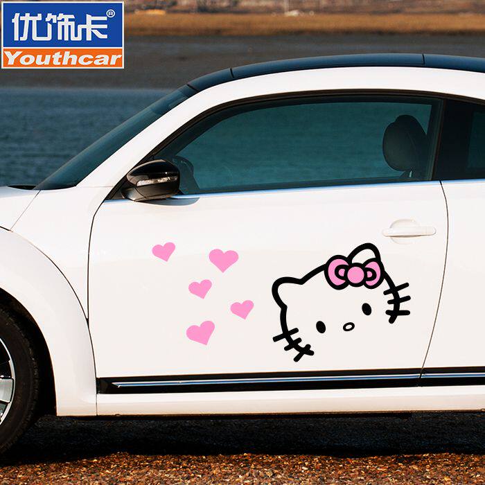 潮抖音同款kitty凯蒂猫机盖卡通可爱拉花侧门车身装饰汽车贴纸