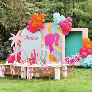 彩色芭比椰树冲浪夏日派对背景生日布置kt板支架实物材料包cl0015