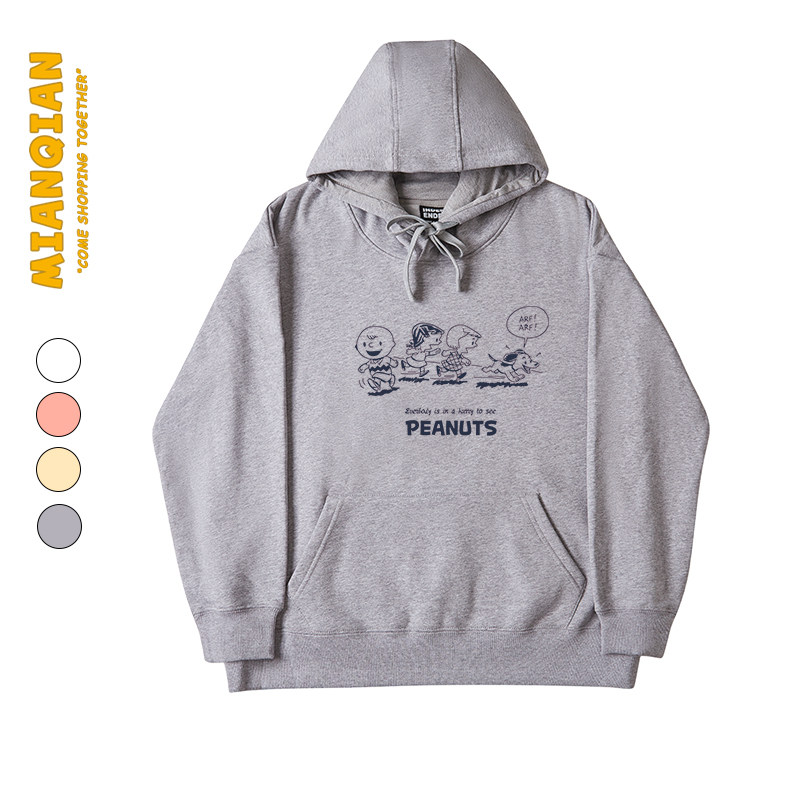 棉牵可爱卡通连帽卫衣女秋天薄款上衣复古灰色帽衫减龄长袖外套秋