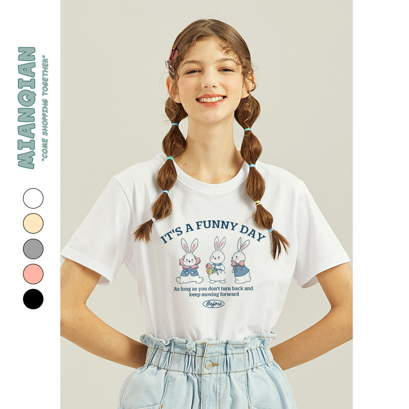 棉牵日系甜美可爱风卡通兔子印花白色正肩短袖t恤女宽松纯棉半袖