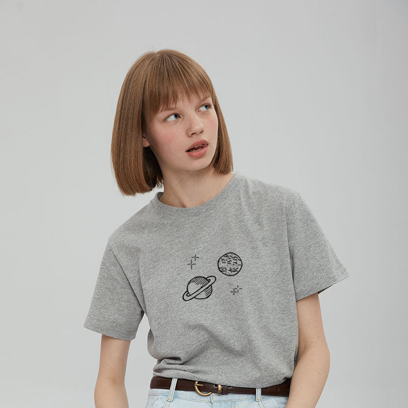 棉牵卡通正肩的灰色t恤女短袖宽松夏季纯棉半袖小个子短款上衣女