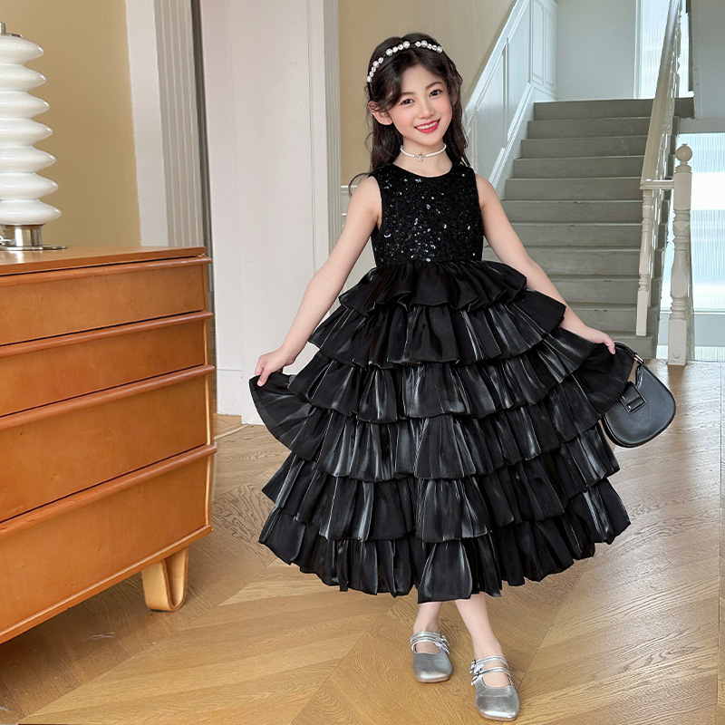 女童连衣裙夏季2025新款儿童公主裙高端礼服夏装小女孩蛋糕裙黑色