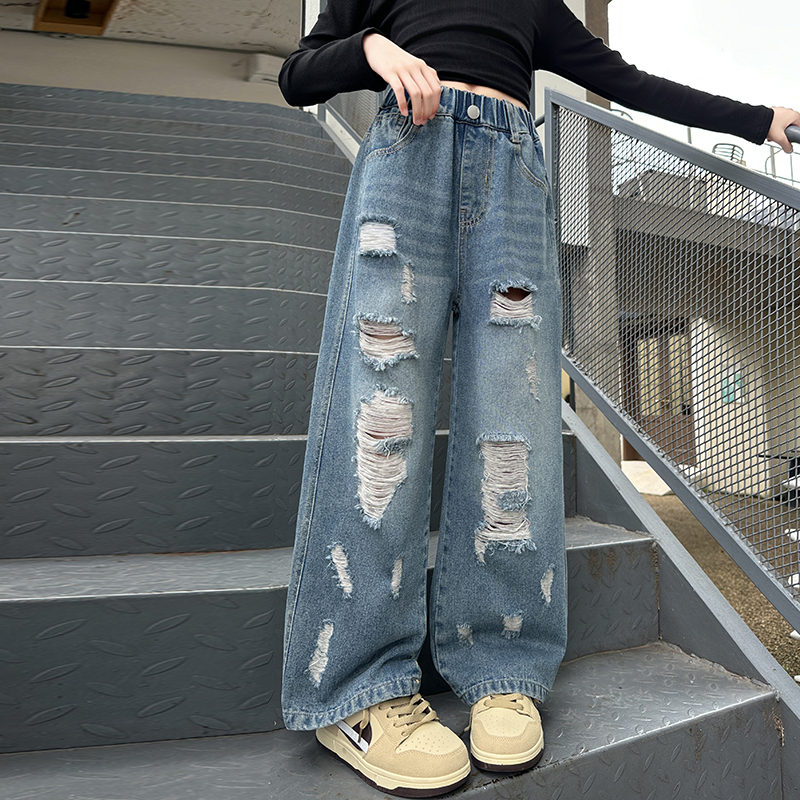 女童牛仔裤早秋2025新款儿童裤子潮酷穿搭秋装破洞长裤大童阔腿裤