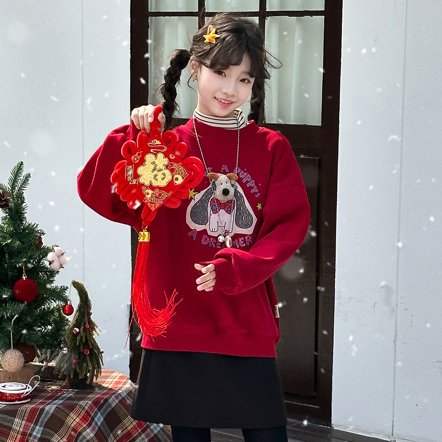 女童加绒卫衣冬装儿童红色新年服