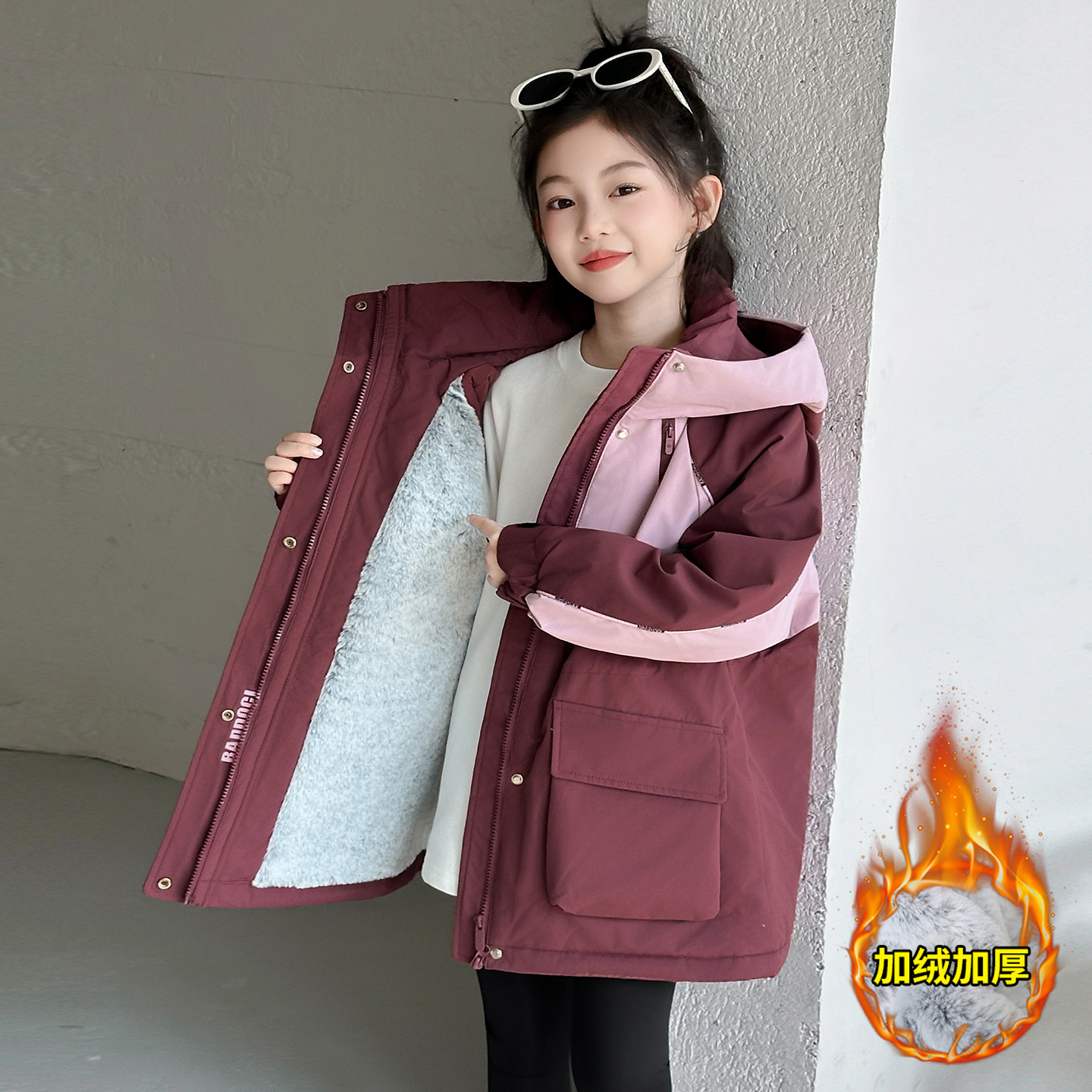 女童棉服冬装儿童加绒加厚派克服