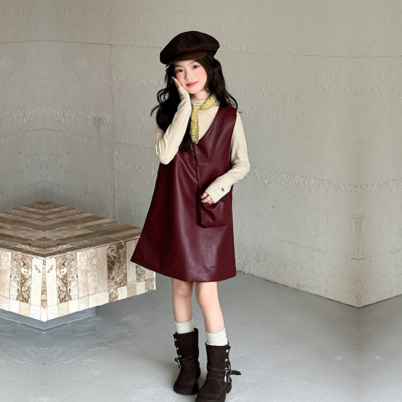 女童连衣裙冬装洋气皮裙红色年服
